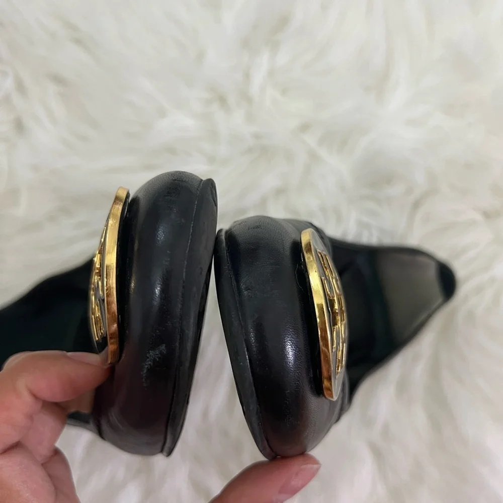 Tory Burch Black Leather Logo Ballet Flats with Gold Emblem